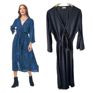 Khush Adhara Cheetah Print Deep V Neckline Front Tie Blouse Top Midi Dress L